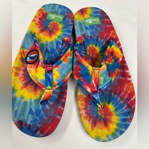 SANUK TIE DYE RAINBOW FLIP FLOPS MENS 12 worn one time- GRATEFUL DEAD
